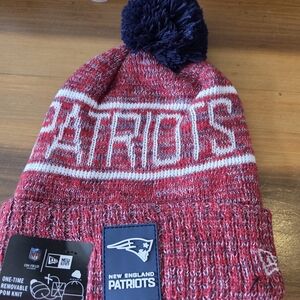 New Era Red and White Patriots Beanie with Navy Pom